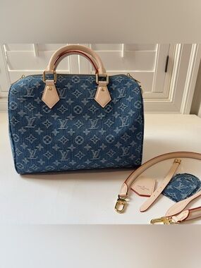 Luxe Denim Monogram Speedy 30 Style Satchel w/ Strap Light Handles
